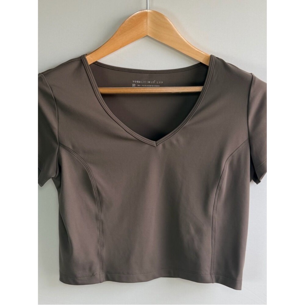 Yogalicious Lux V Neck Crop Top Neutral Brown Short Sleeve Athletic Stretch Tee